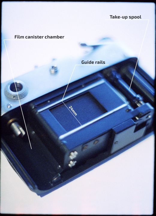 Mặt sau của máy ảnh film 35mm. Khi mở ra, nó để lộ 1 khoang chứa phim, ray dẫn hướng và ống cuốn. 